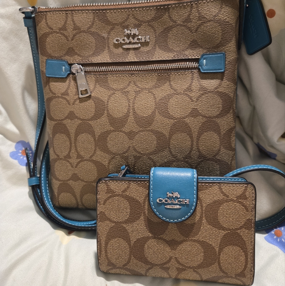 Coach Signature Brown and Blue File Crossbody Bag & Wallet Bundle